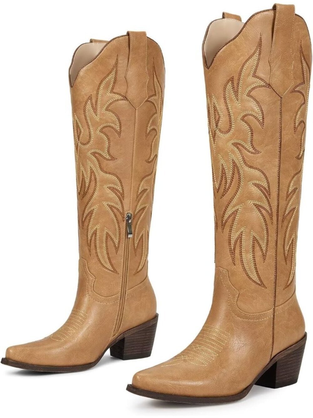 Women's Matte Tan Faux Leather Cuban Heel Pointed Toe Cowgirl Western Boots